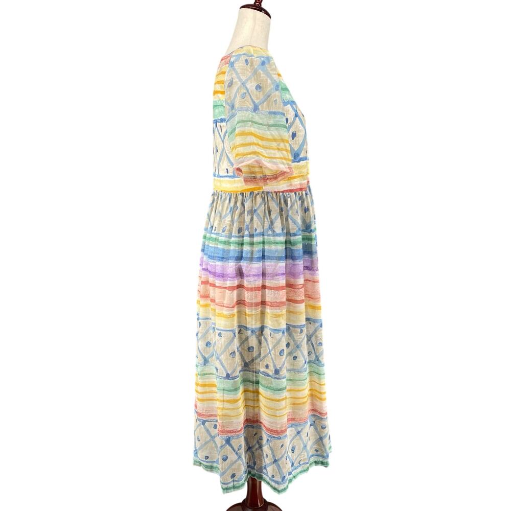 Vtg NOS 90s Two Potato Artsy Watercolor A Line Midi Dress M Petite Sheer Pastel - Picture 2 of 16